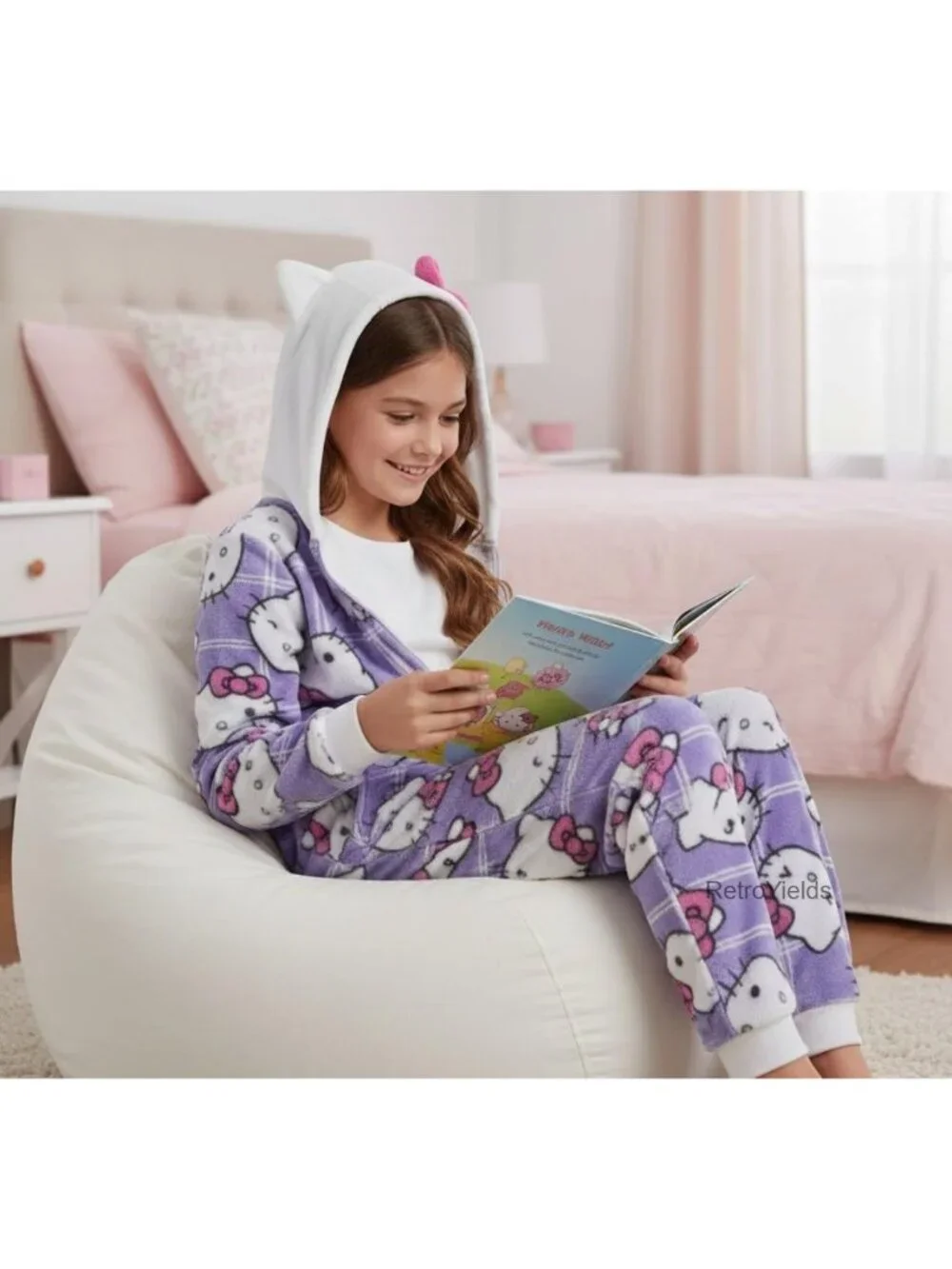 Hello Kitty Girls Onesie Long Sleeve Zip Up Hooded Pajama Sleeper Costume